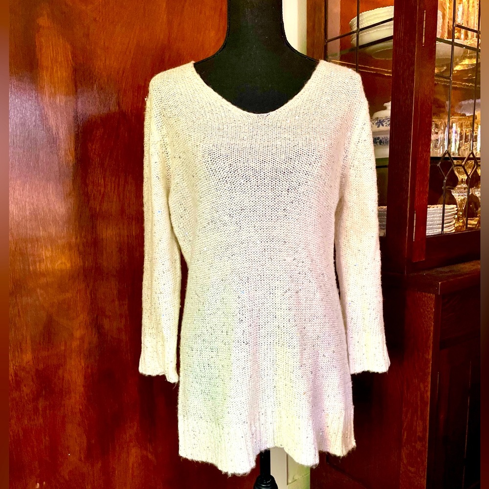 Soft Knit, Small Silver Sequins, Cream Tunic Sweater Size L